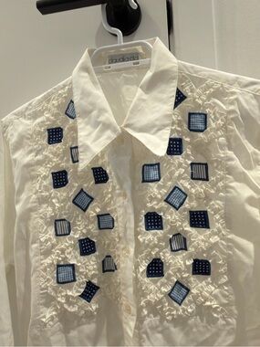 Italy Vintage White Cotton Ruffle Geometric Patch Button Down